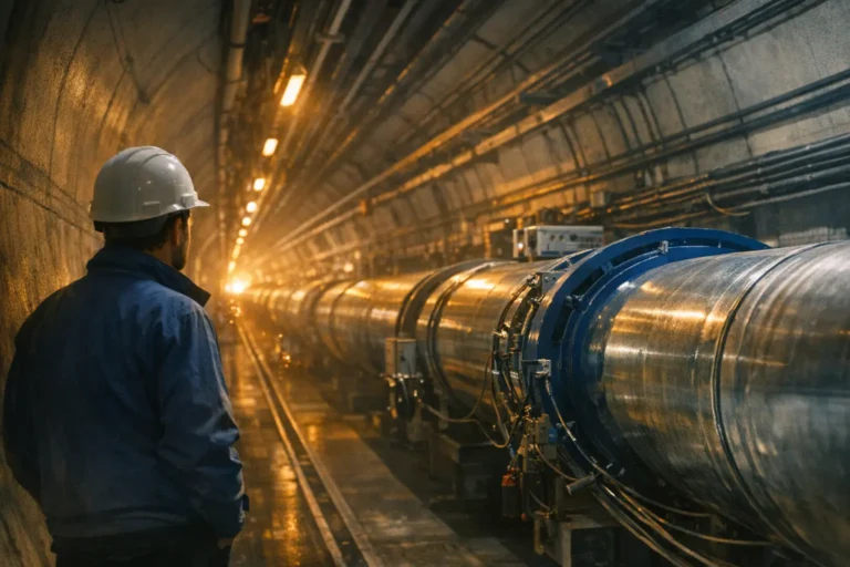 Tecnico con casco osserva un lungo tubo dell’acceleratore in un tunnel sotterraneo illuminato da luci arancioni.