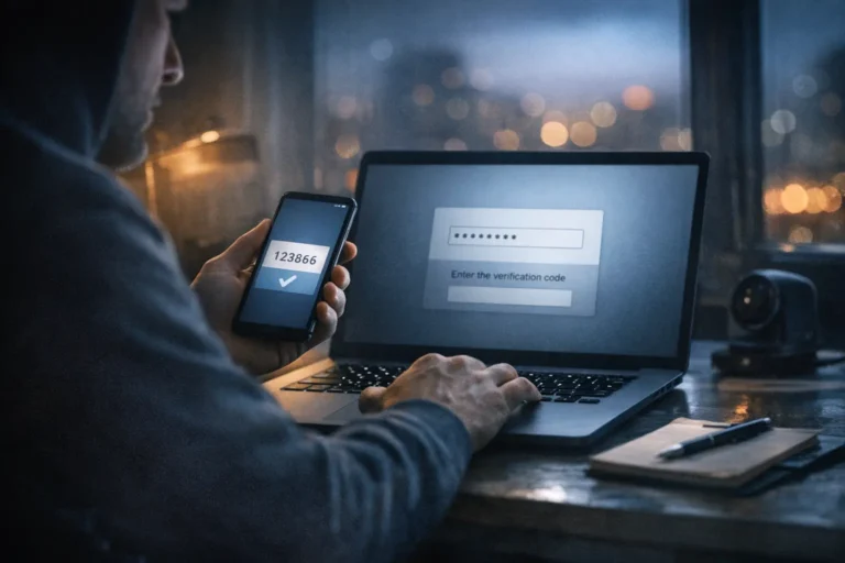 Uomo al laptop con smartphone che mostra un codice di verifica per l’accesso online.