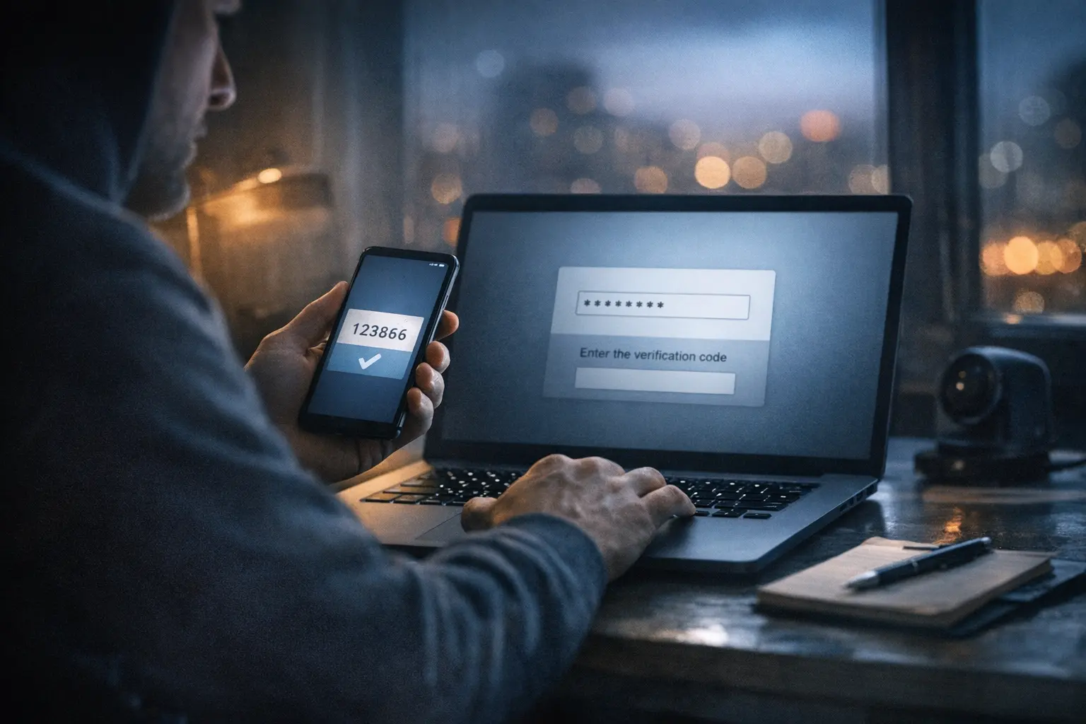 Uomo al laptop con smartphone che mostra un codice di verifica per l’accesso online.