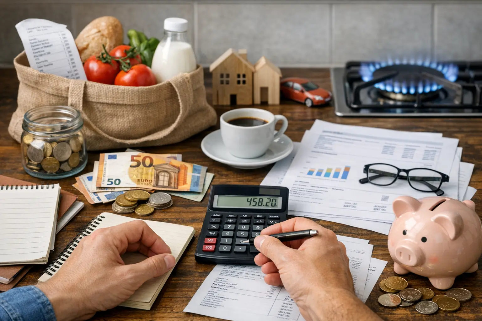 Mani che fanno i conti del budget su tavolo con calcolatrice, bollette, contanti, salvadanaio e spesa.