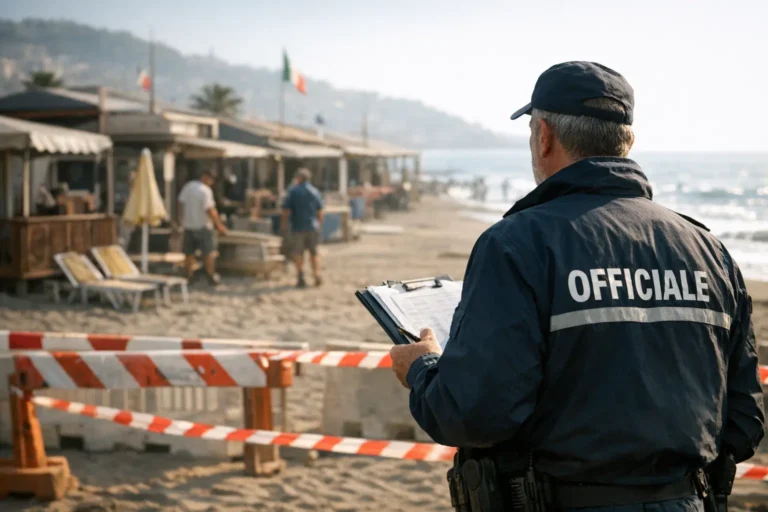 Ufficiale in divisa controlla una spiaggia transennata davanti a stabilimenti sul mare.