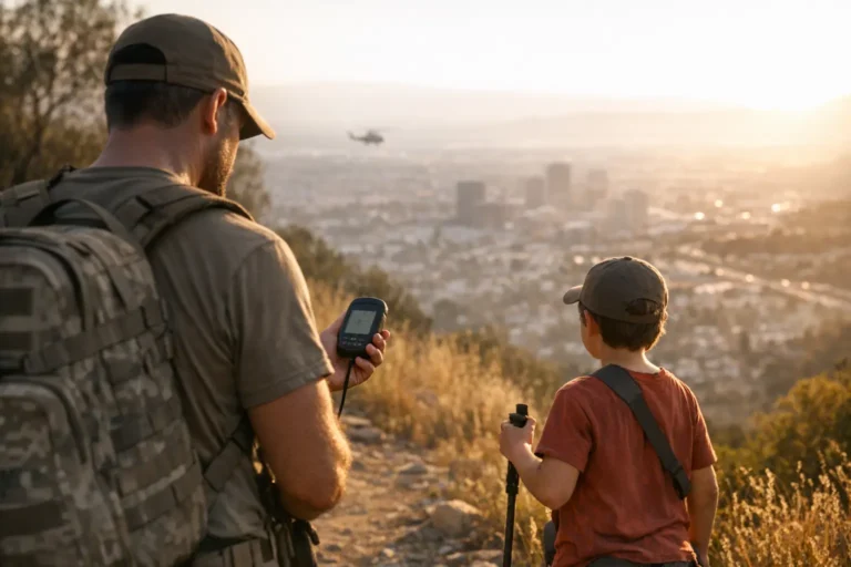 Un uomo e un bambino con zaini osservano una città al tramonto, con un elicottero in cielo.