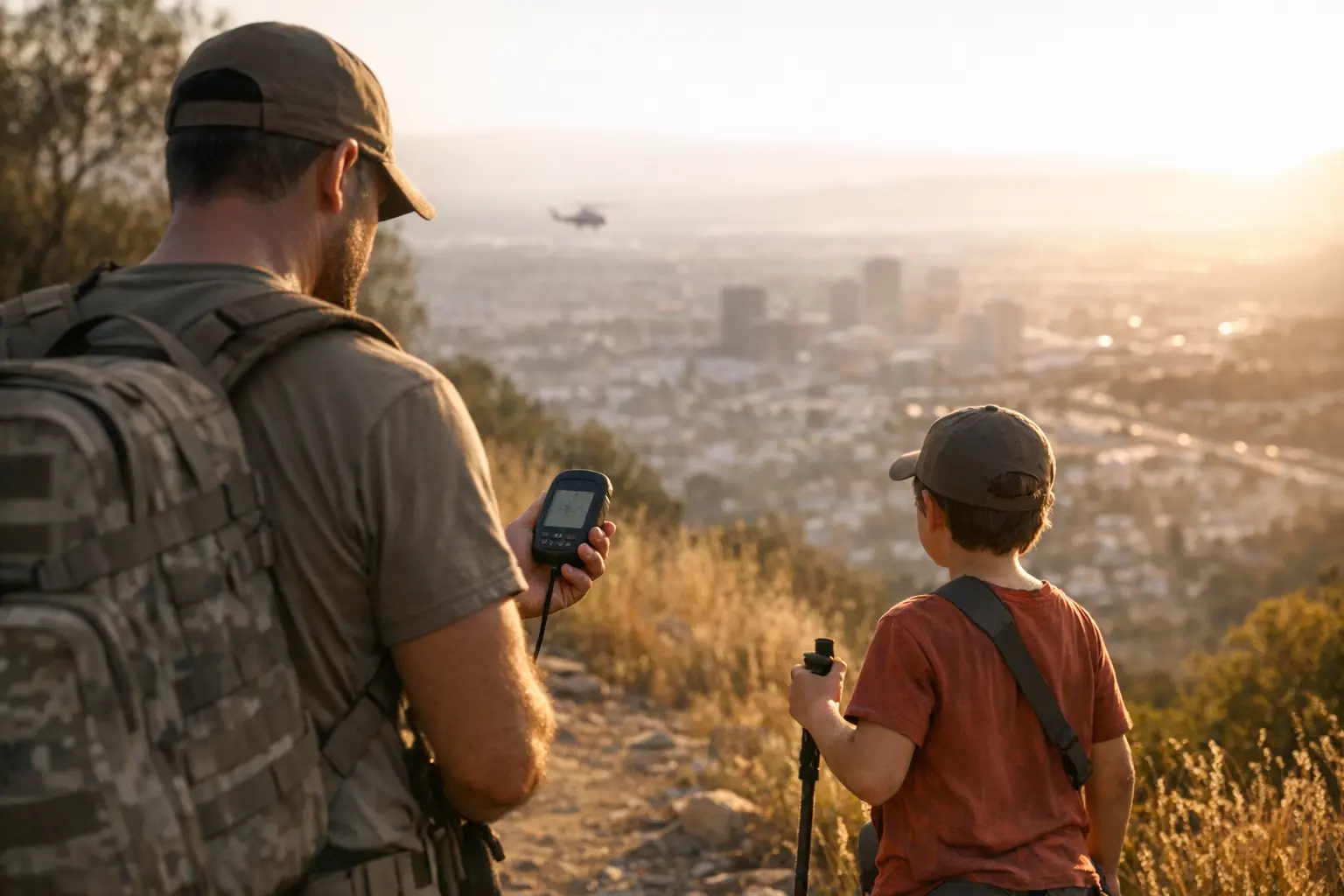 Un uomo e un bambino con zaini osservano una città al tramonto, con un elicottero in cielo.