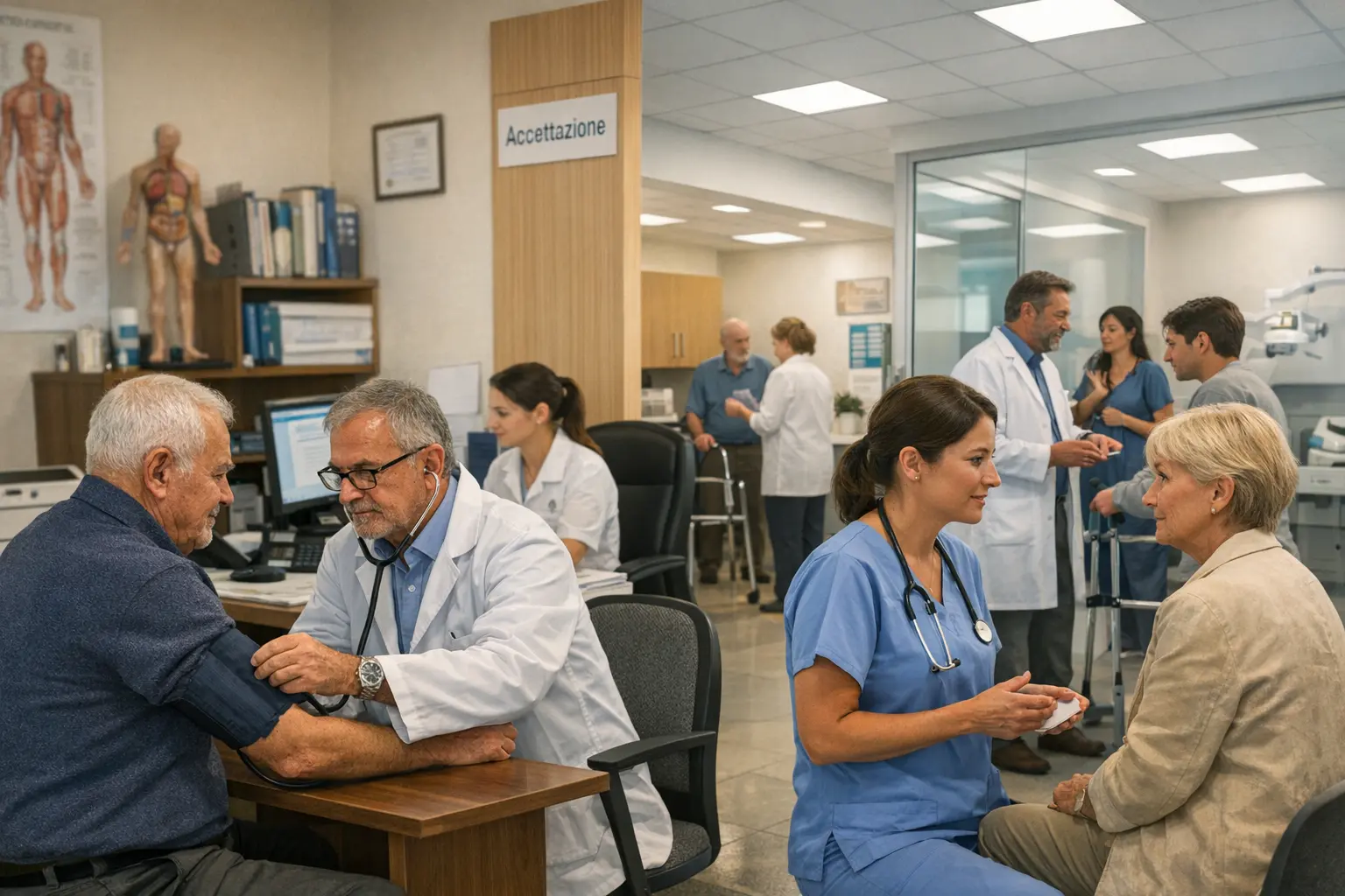 Ambulatorio con medici e infermieri che assistono pazienti anziani in una sala d’attesa.