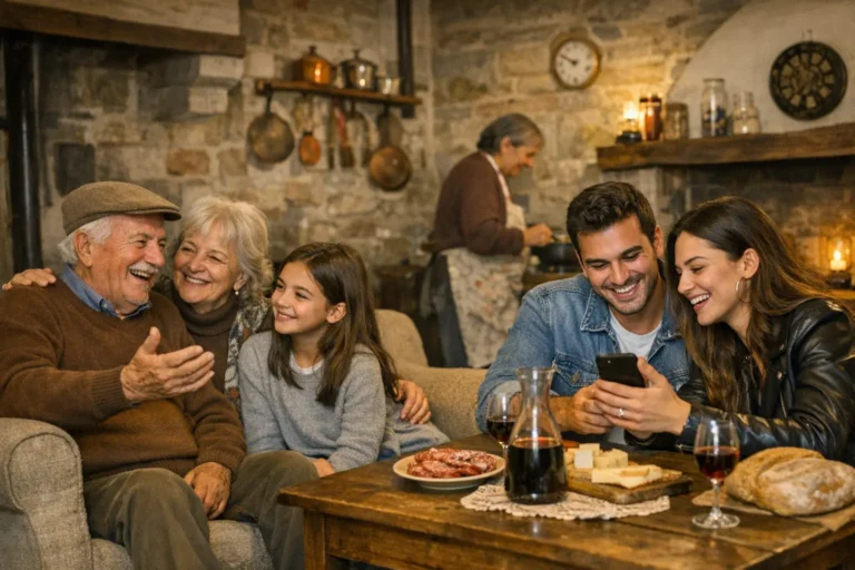 Famiglia di tre generazioni ride in un salotto rustico, con tavola imbandita e una donna che cucina sullo sfondo