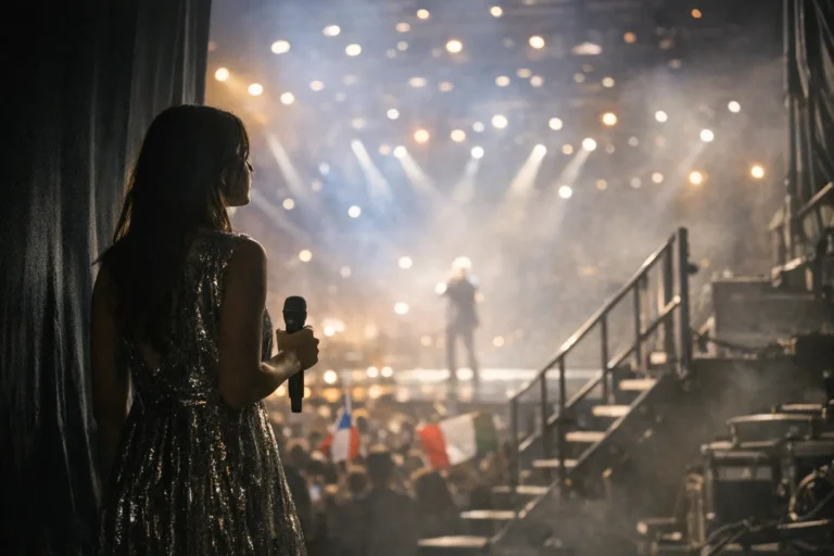 Cantante in abito scintillante con microfono, di profilo dietro le quinte, davanti a palco illuminato e pubblico sfocato.