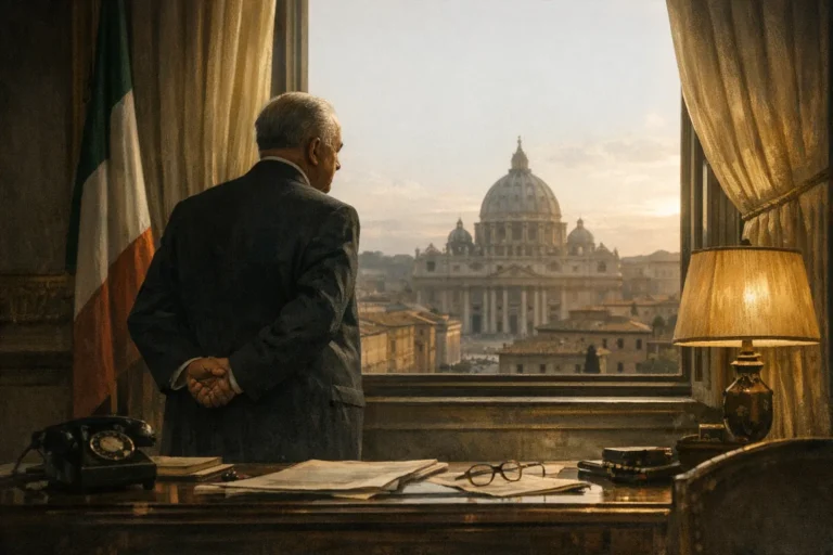 Uomo anziano in giacca osserva dalla finestra un palazzo con cupola, davanti a una scrivania con telefono e documenti.