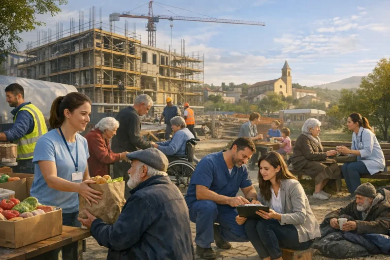 Volontari distribuiscono cibo ad anziani in un cortile di quartiere, con un cantiere sullo sfondo.