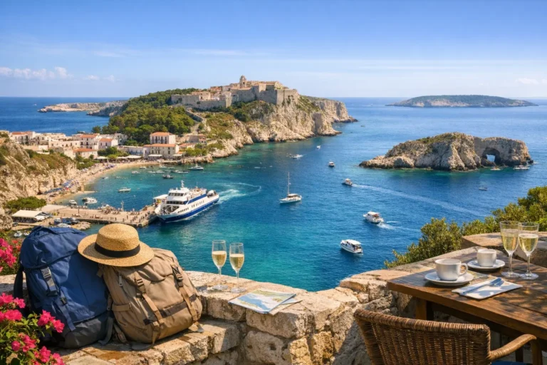 Baia delle Tremiti con isola fortificata, barche in mare, spiaggia e zaini su un terrazzo panoramico.