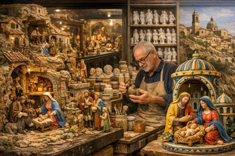 Artigiano dipinge una statuina del presepe tra scenari e figure di presepe esposte in bottega.