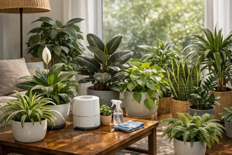 Diversi vasi di piante da interno vicino a una finestra luminosa, con umidificatore, spruzzino e panno su un tavolino.