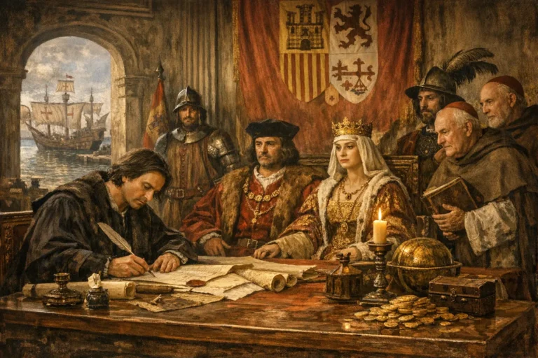 Colombo firma un documento davanti a Ferdinando e Isabella, con religiosi e soldati attorno e una nave sullo sfondo.