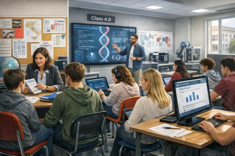 Docente e studenti in aula tecnologica con laptop, schermo digitale con DNA e braccio robotico.