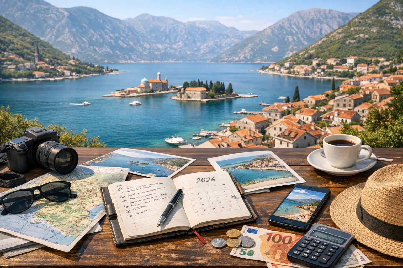 Baia di Kotor con isola e case sul mare; in primo piano tavolo con mappa, fotocamera, taccuino, soldi e cappello.