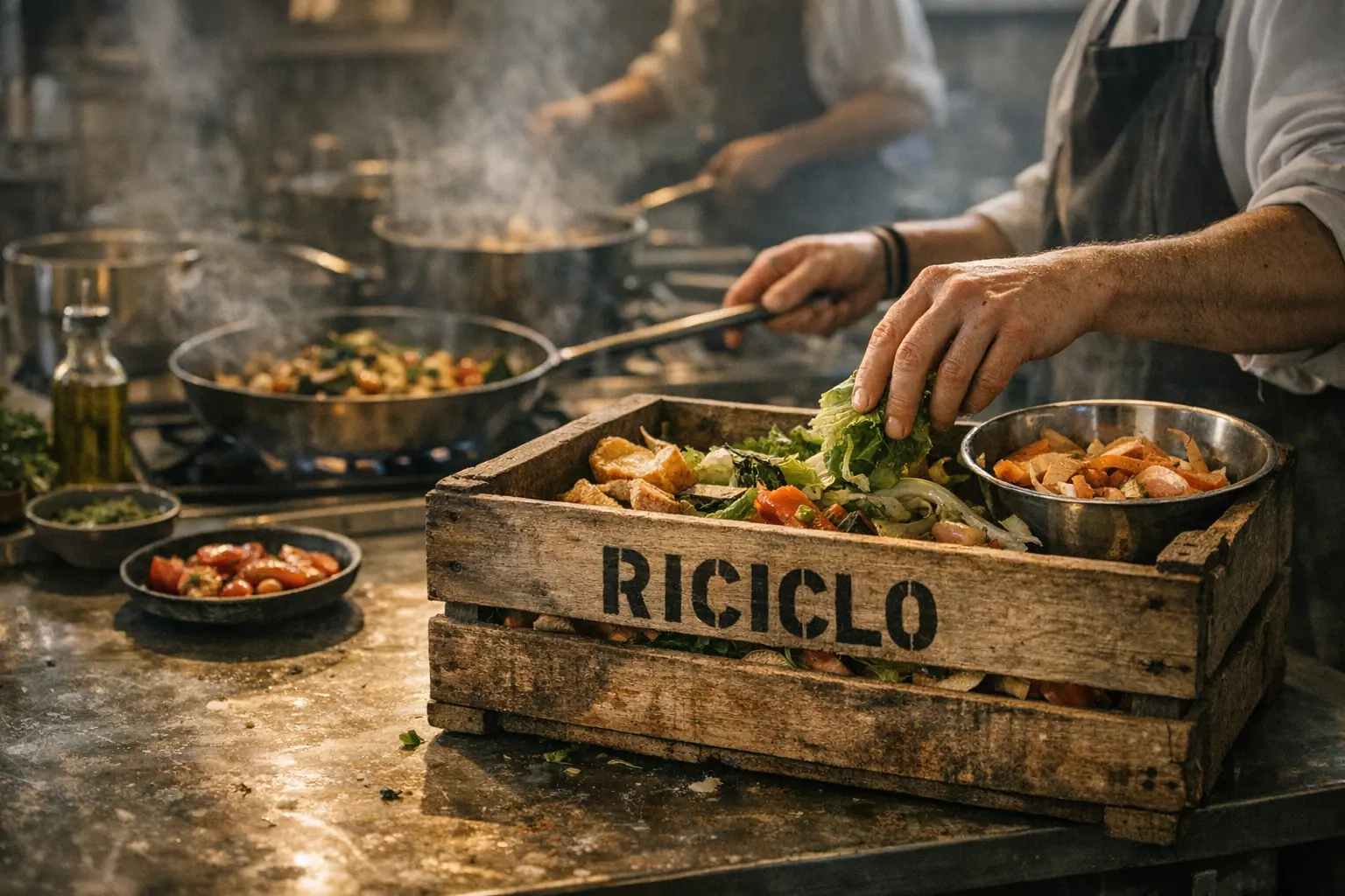 Mani di cuochi in cucina con una cassetta di legno “RICICLO”, ciotole di scarti e padelle sul fuoco.