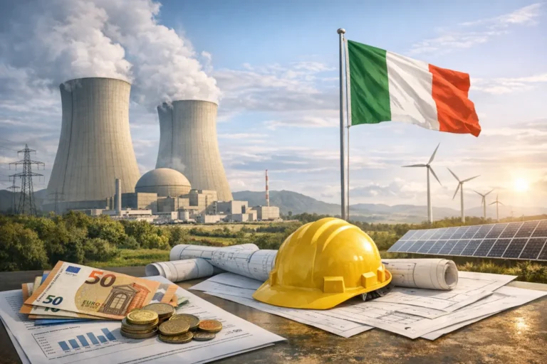 Centrale nucleare con torri di raffreddamento, bandiera italiana, pale eoliche, pannelli solari, casco e soldi su planimetrie