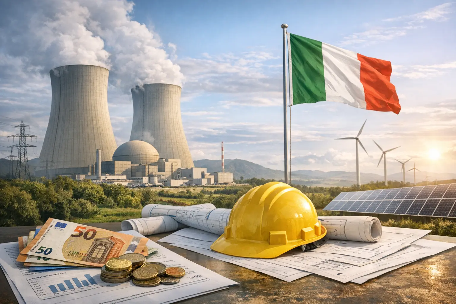 Centrale nucleare con torri di raffreddamento, bandiera italiana, pale eoliche, pannelli solari, casco e soldi su planimetrie