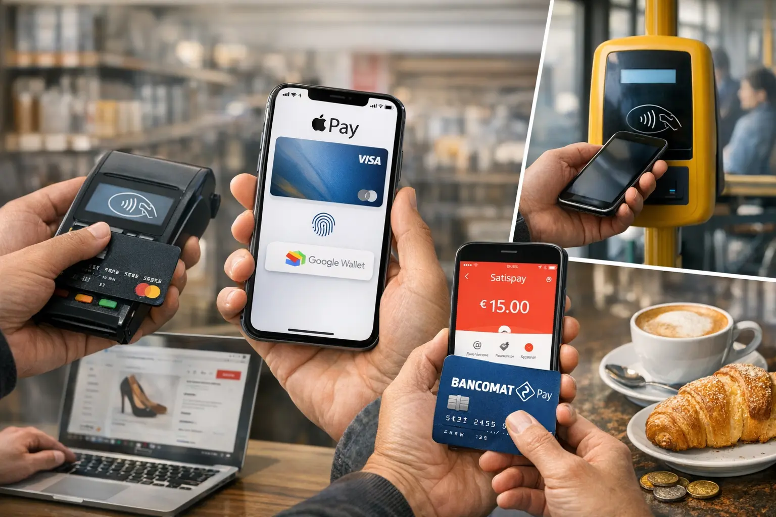 Mani con smartphone e carte davanti a POS contactless, con caffè e croissant su un tavolo di bar.