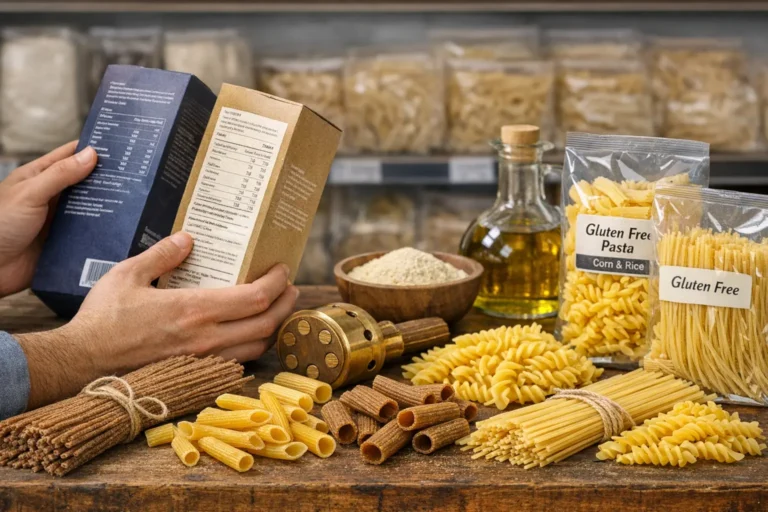 Mani che tengono due confezioni di pasta, con vari formati, sacchetti gluten free, olio e farina su un tavolo.