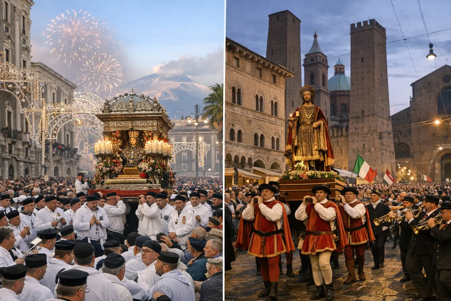 Due processioni patronali in piazza: statue di santi portate a spalla, folla, luminarie e fuochi d’artificio.