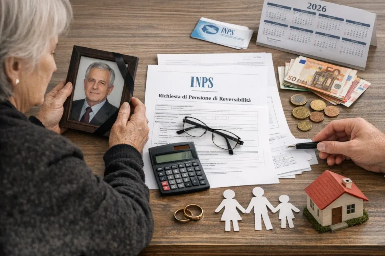 Anziana con ritratto in mano accanto a moduli INPS, calcolatrice, euro, anelli, casa e simboli di famiglia.