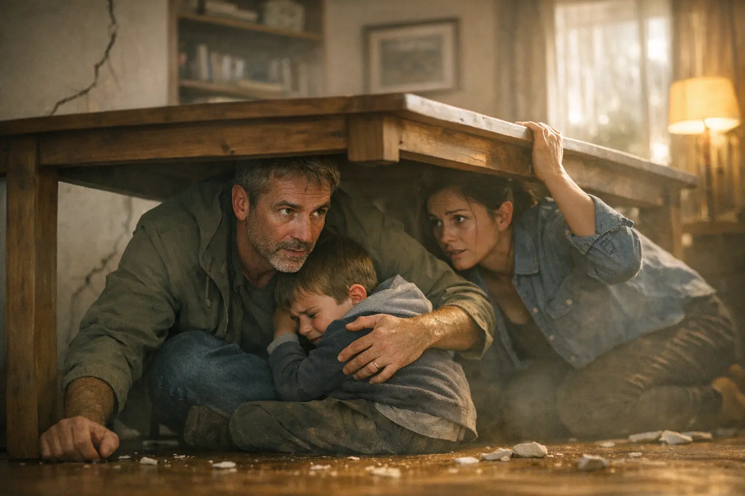 Famiglia rannicchiata sotto un tavolo durante un terremoto, mentre si protegge tra detriti e polvere.
