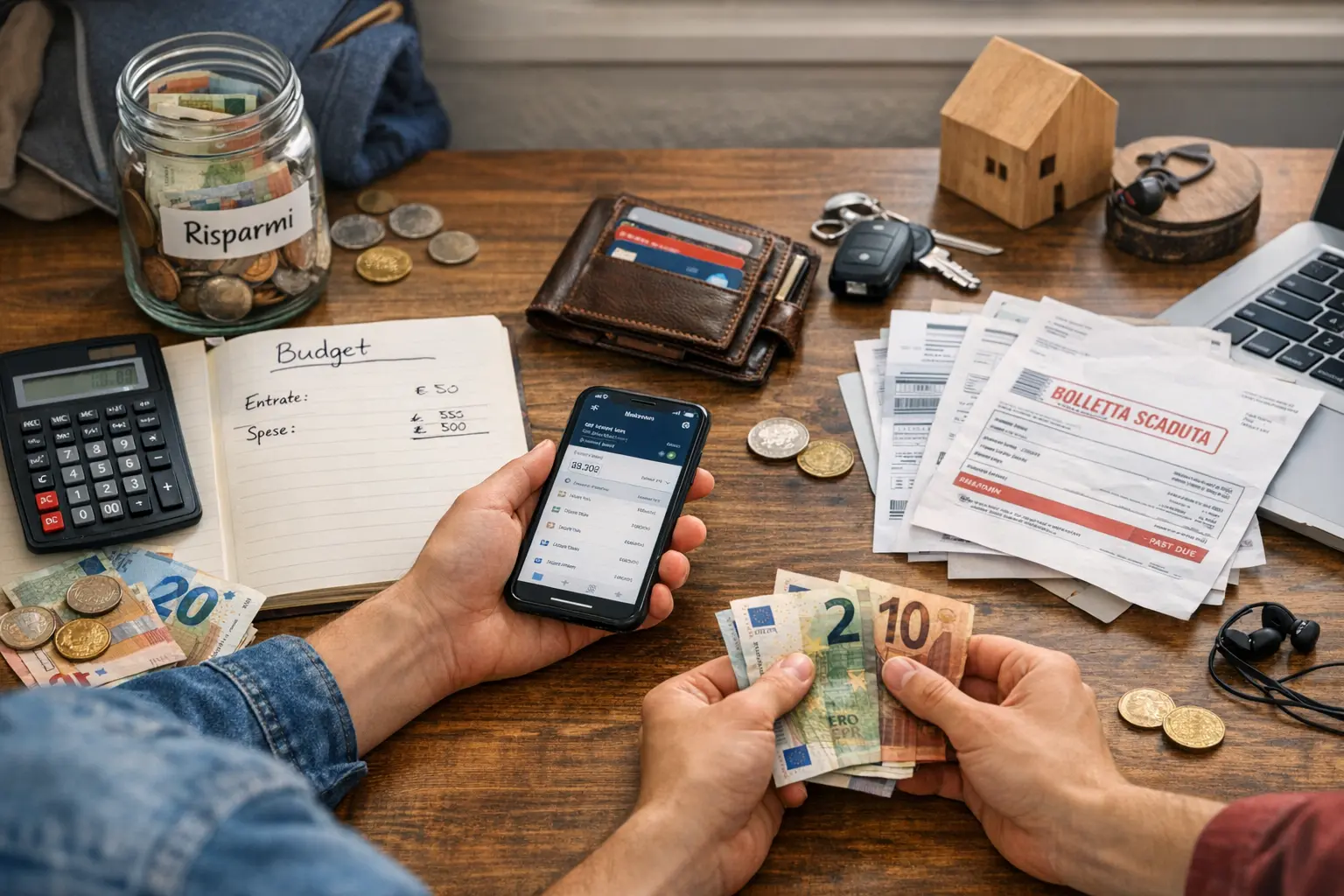 Mani con contanti euro e smartphone su un tavolo con budget, calcolatrice, bollette e barattolo dei risparmi.