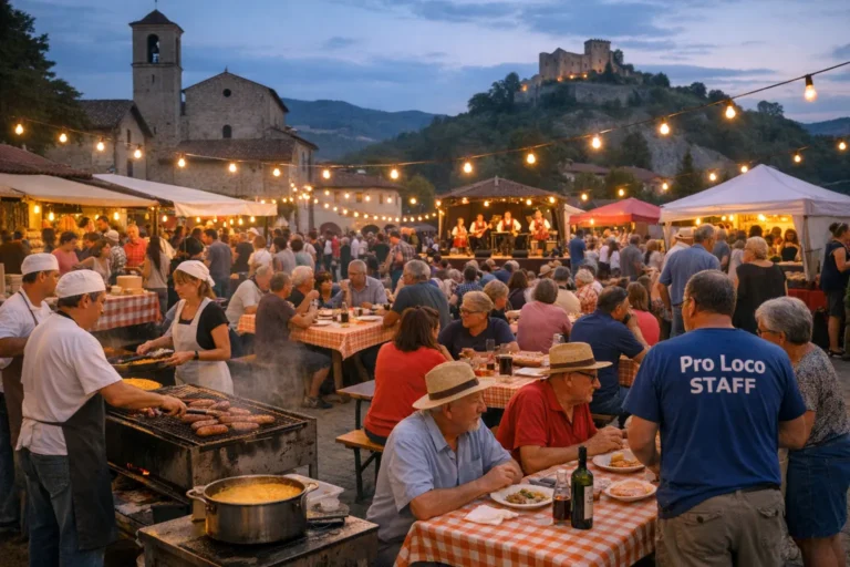 Sagra serale in piazza: tavoli affollati, volontari alla griglia e palco sotto le luci, con borgo sullo sfondo