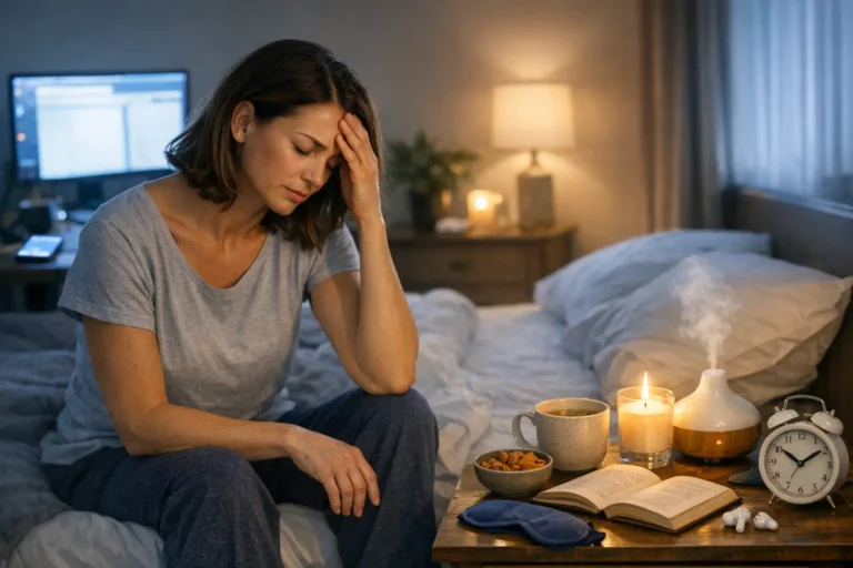 Donna seduta sul letto con mano sulla fronte, accanto a un comodino con libro, candela e sveglia.