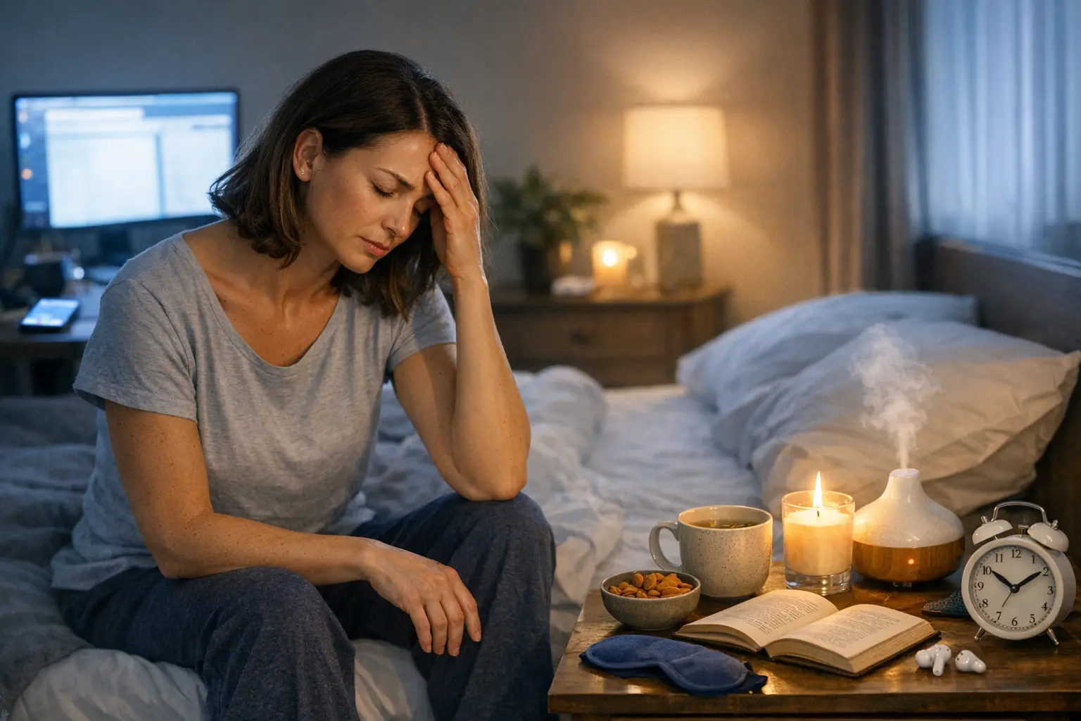 Donna seduta sul letto con mano sulla fronte, accanto a un comodino con libro, candela e sveglia.