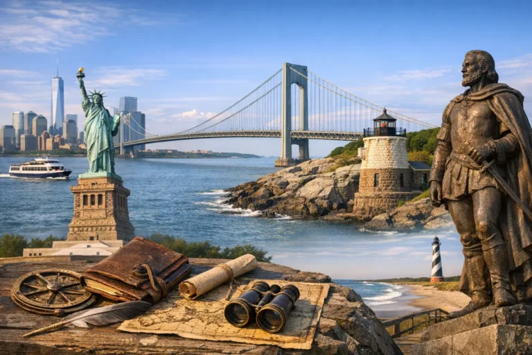 Statua della Libertà, ponte sospeso, faro e statua di esploratore con mappa e binocolo sul mare.