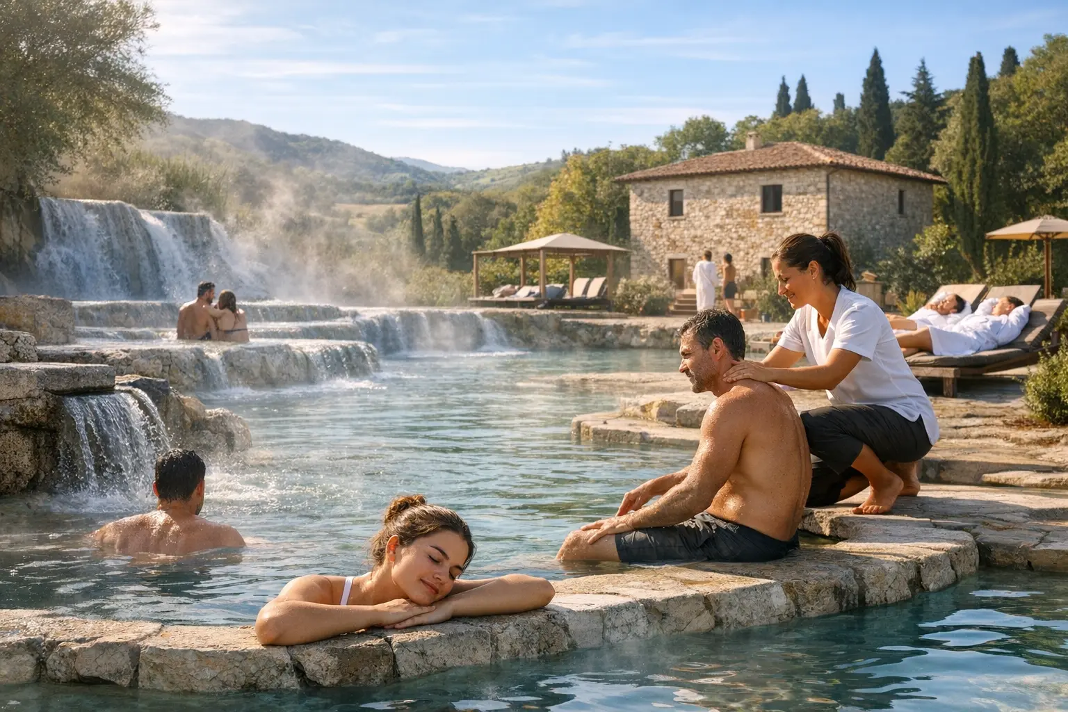 Piscina termale all’aperto con persone che si rilassano, cascate, casa in pietra e colline verdi.