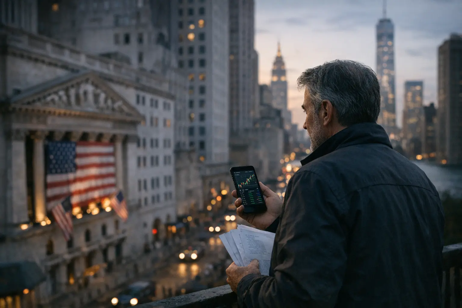Uomo di spalle osserva grafici di borsa sullo smartphone davanti a un palazzo con bandiera USA e grattacieli sullo sfondo