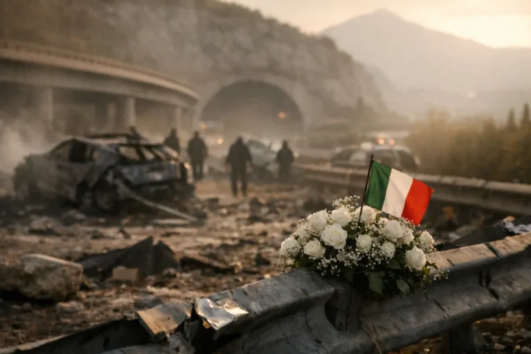 Bouquet di rose bianche e bandiera italiana davanti a una strada devastata con auto bruciate e persone in lontananza
