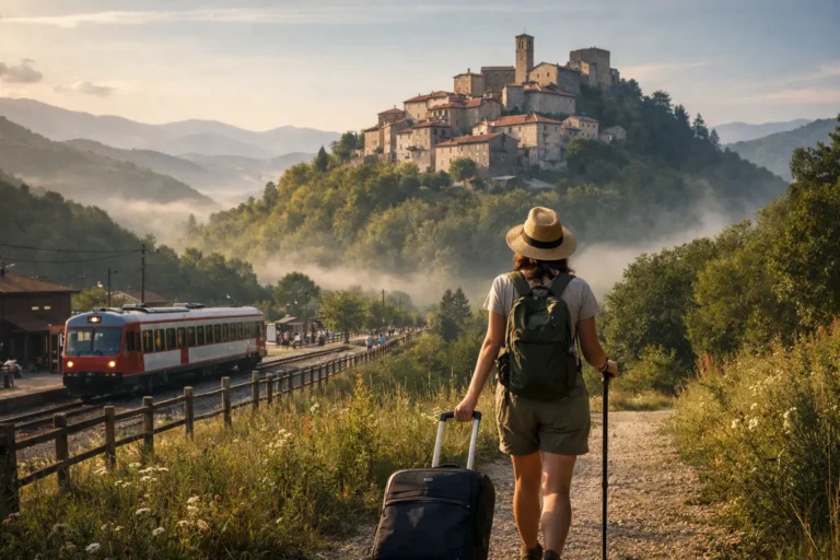 Viaggiatrice con zaino e trolley su un sentiero vicino alla stazione, verso un borgo di case in pietra sulla collina.