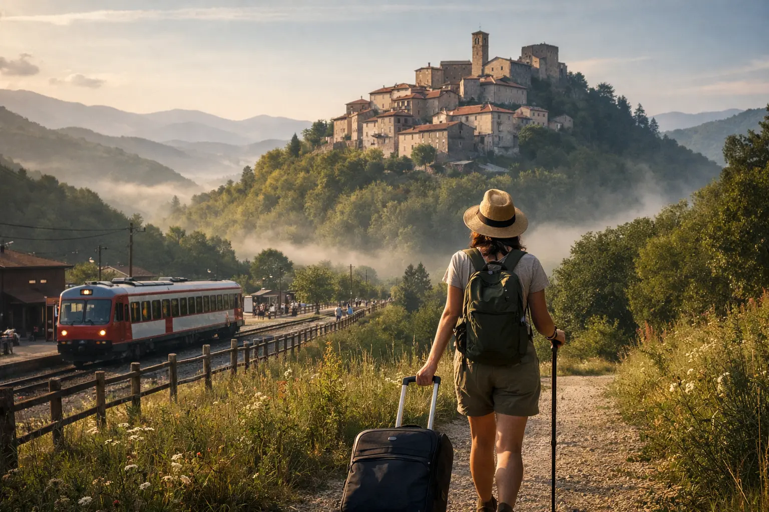 Viaggiatrice con zaino e trolley su un sentiero vicino alla stazione, verso un borgo di case in pietra sulla collina.