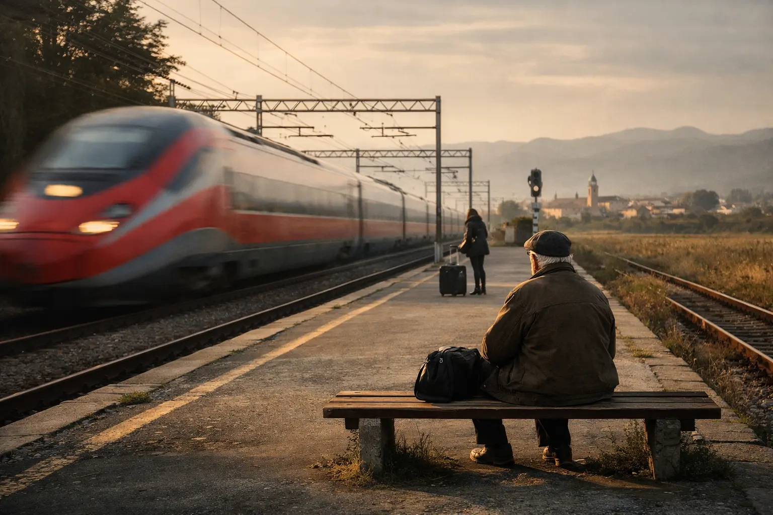 Treno veloce rosso in transito accanto a una piccola stazione, con un uomo seduto e una donna con valigia sul marciapiede.