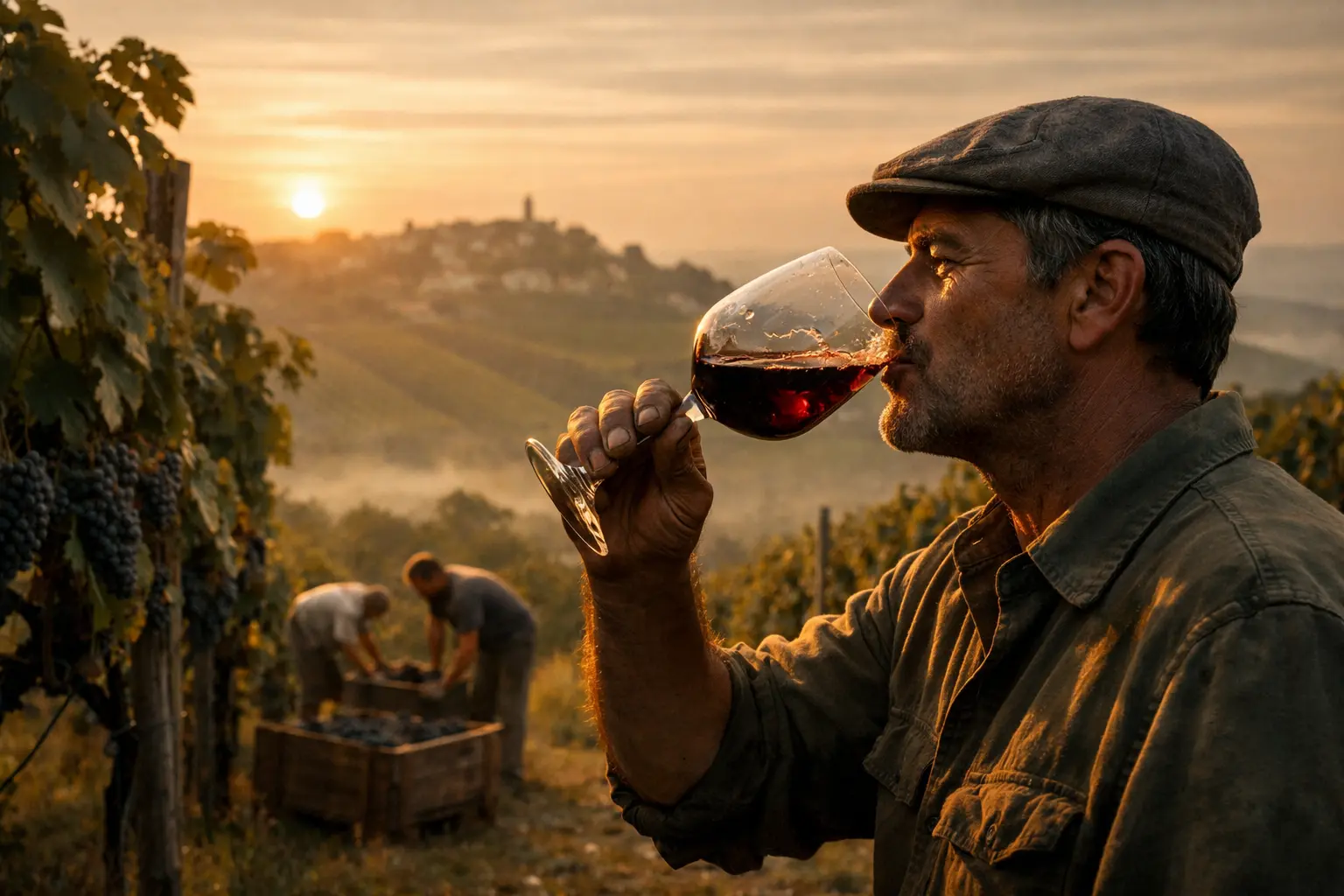 Vigneto al tramonto con uomo che assaggia vino rosso da un calice; sullo sfondo due persone raccolgono uva.