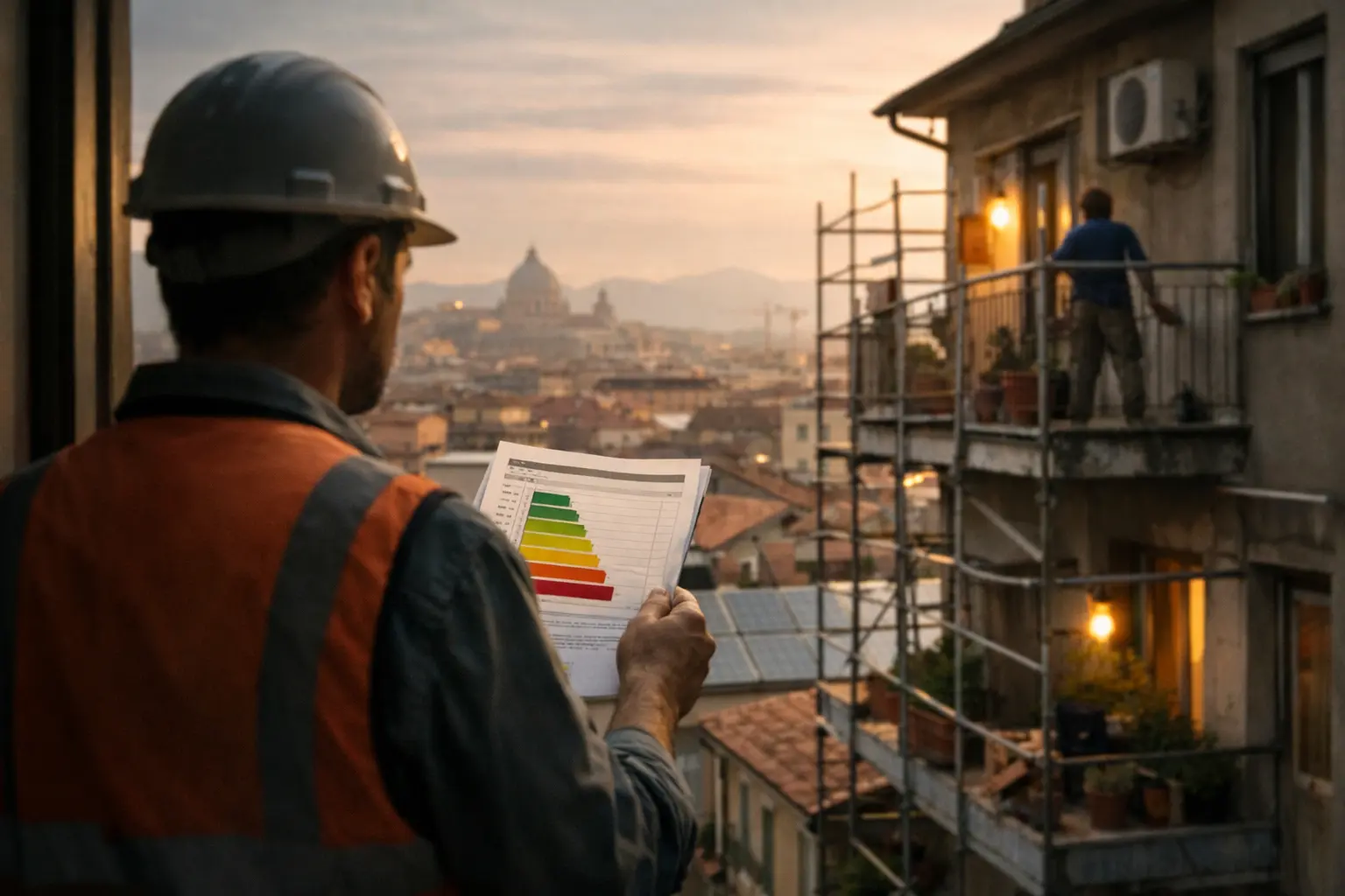 Tecnico con casco che controlla una scheda energetica davanti a un edificio con ponteggio e un operaio sul balcone