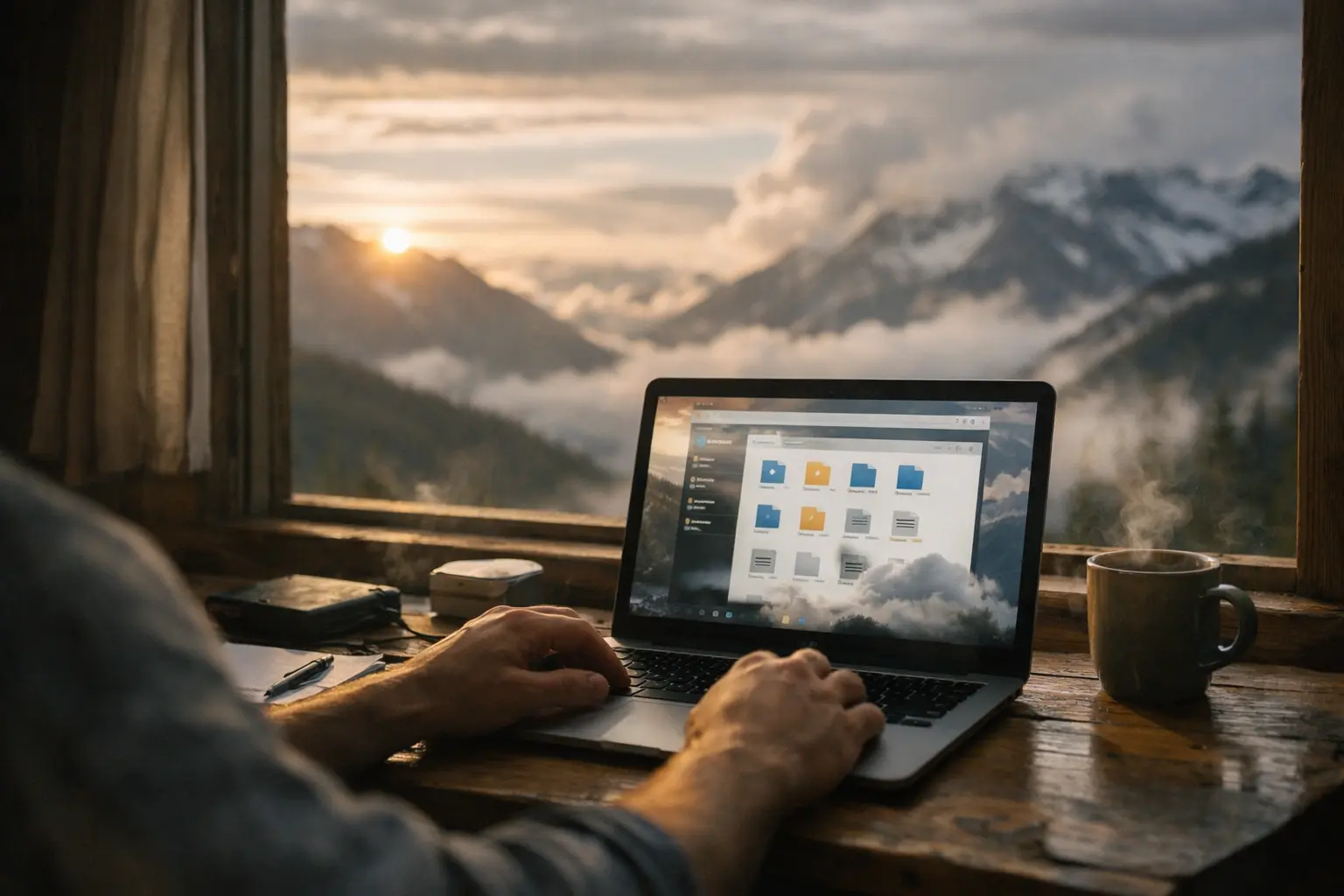 Persona al laptop su una scrivania in legno, con tazza accanto e vista di montagne al tramonto dalla finestra.