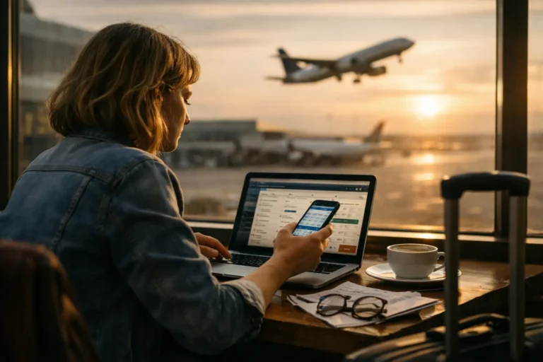 Donna al laptop con smartphone in mano, davanti a una finestra con aereo al tramonto sullo sfondo.