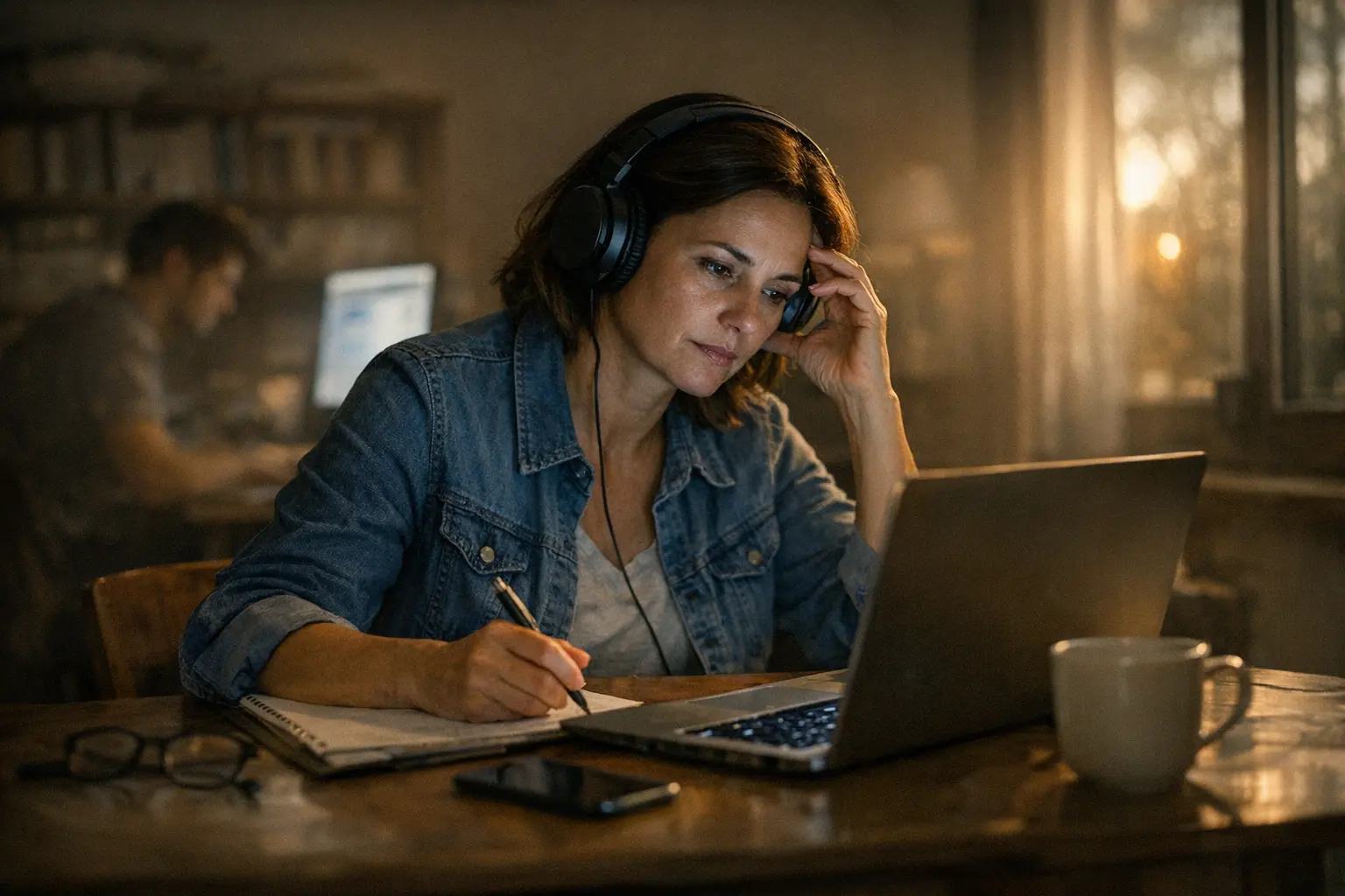 Donna con cuffie al laptop, mentre prende appunti su un taccuino al tavolo.