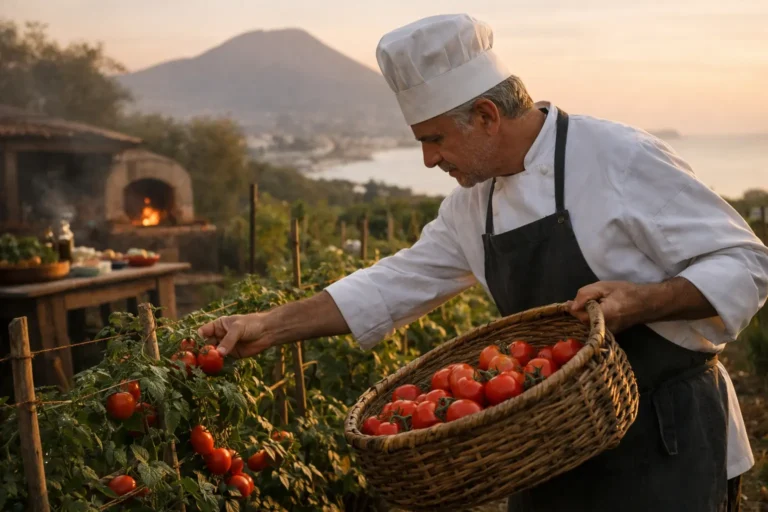 Cuoco in giacca bianca raccoglie pomodorini in un orto, con cesta piena e il Vesuvio sullo sfondo.