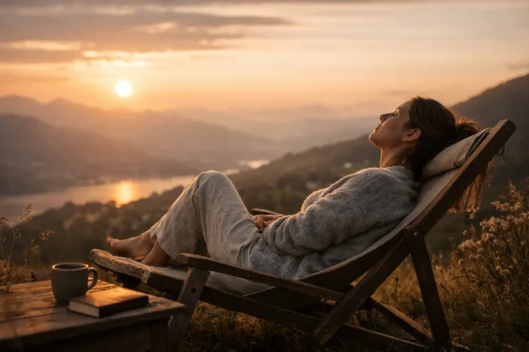 Donna sdraiata su una sdraio all’aperto al tramonto, con vista su montagne e lago.