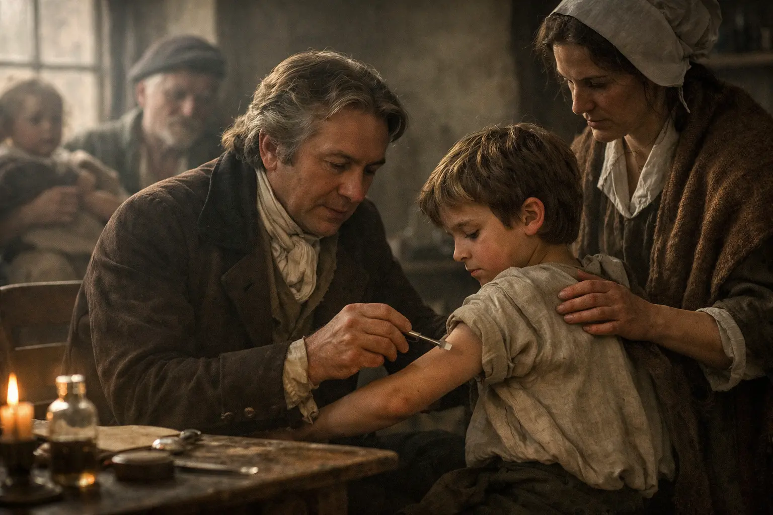 Medico in abiti d’epoca vaccina il braccio di un bambino, mentre una donna lo tiene fermo in una stanza buia.