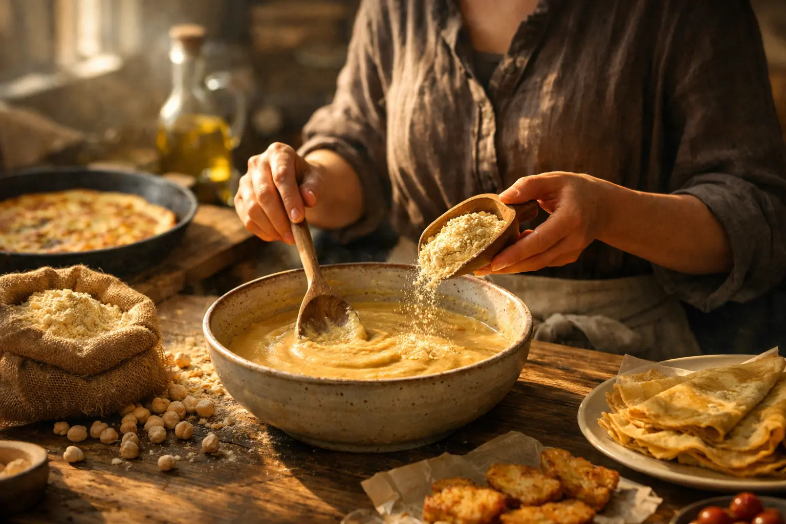 Persona che versa farina di ceci in una ciotola di pastella, con ceci, crêpe e frittelle sul tavolo.