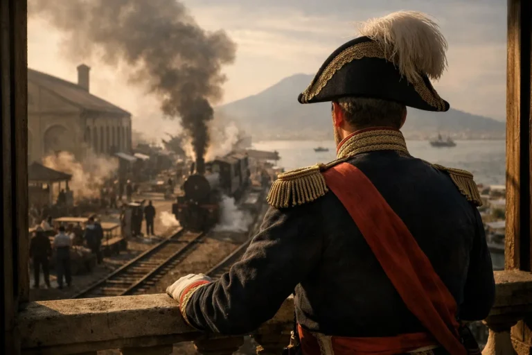 Ufficiale in uniforme d’epoca osserva un treno a vapore in partenza dal porto, con fumo e mare sullo sfondo.