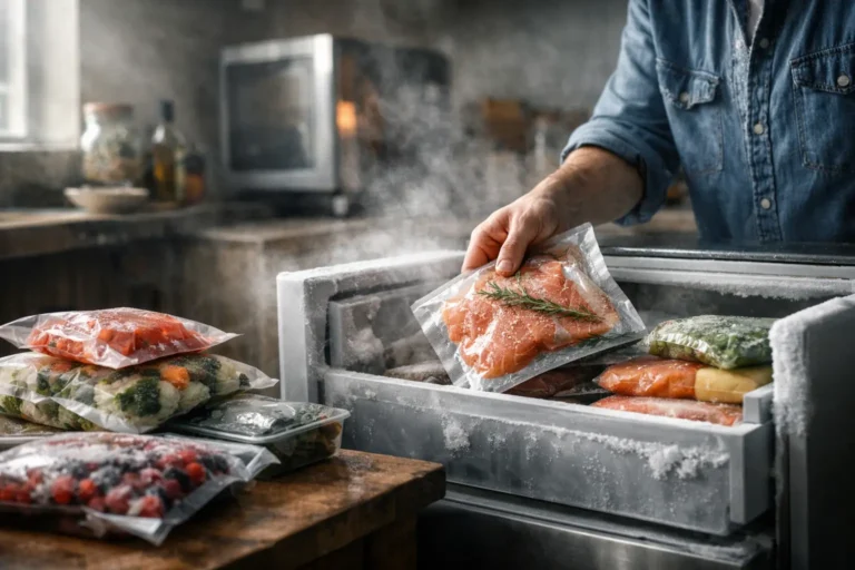 Persona inserisce un sacchetto sottovuoto nel freezer aperto, con altri alimenti confezionati all’interno.