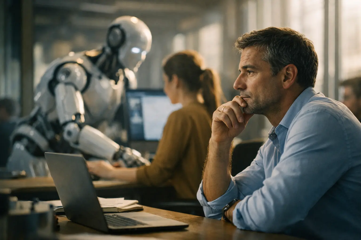 Uomo pensieroso al laptop, con robot umanoide e collega al lavoro sullo sfondo in ufficio.