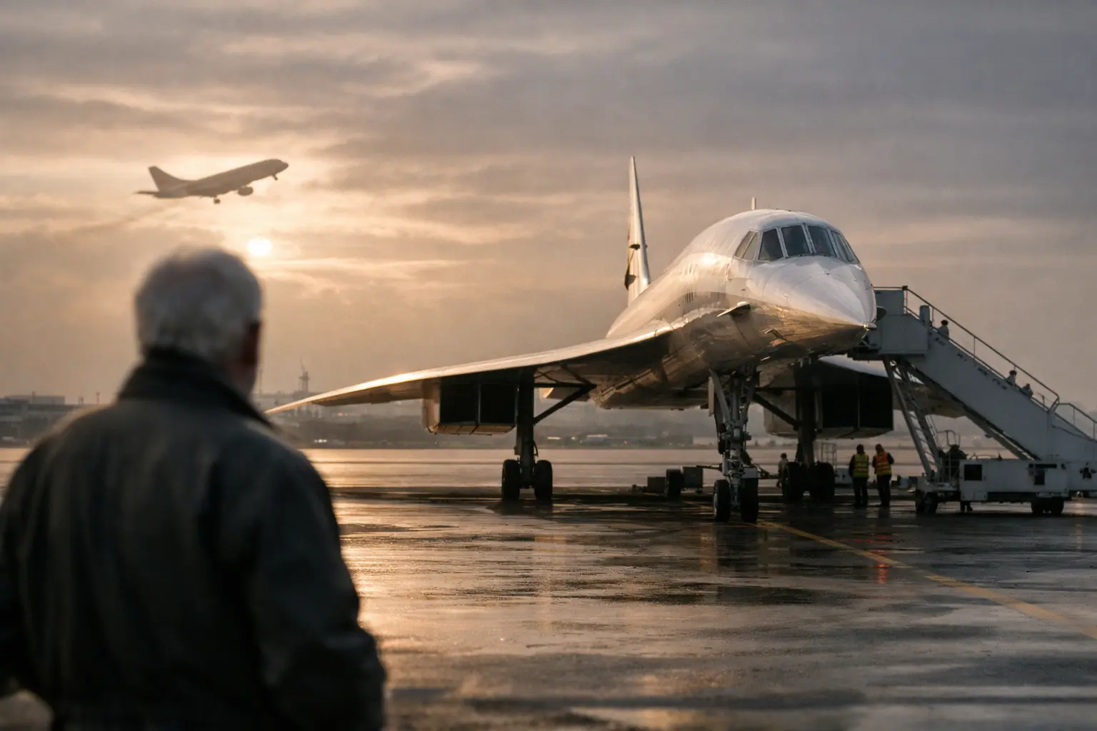 Concorde bianco sul piazzale bagnato al tramonto, con un uomo sfocato in primo piano e un aereo in decollo sullo sfondo.